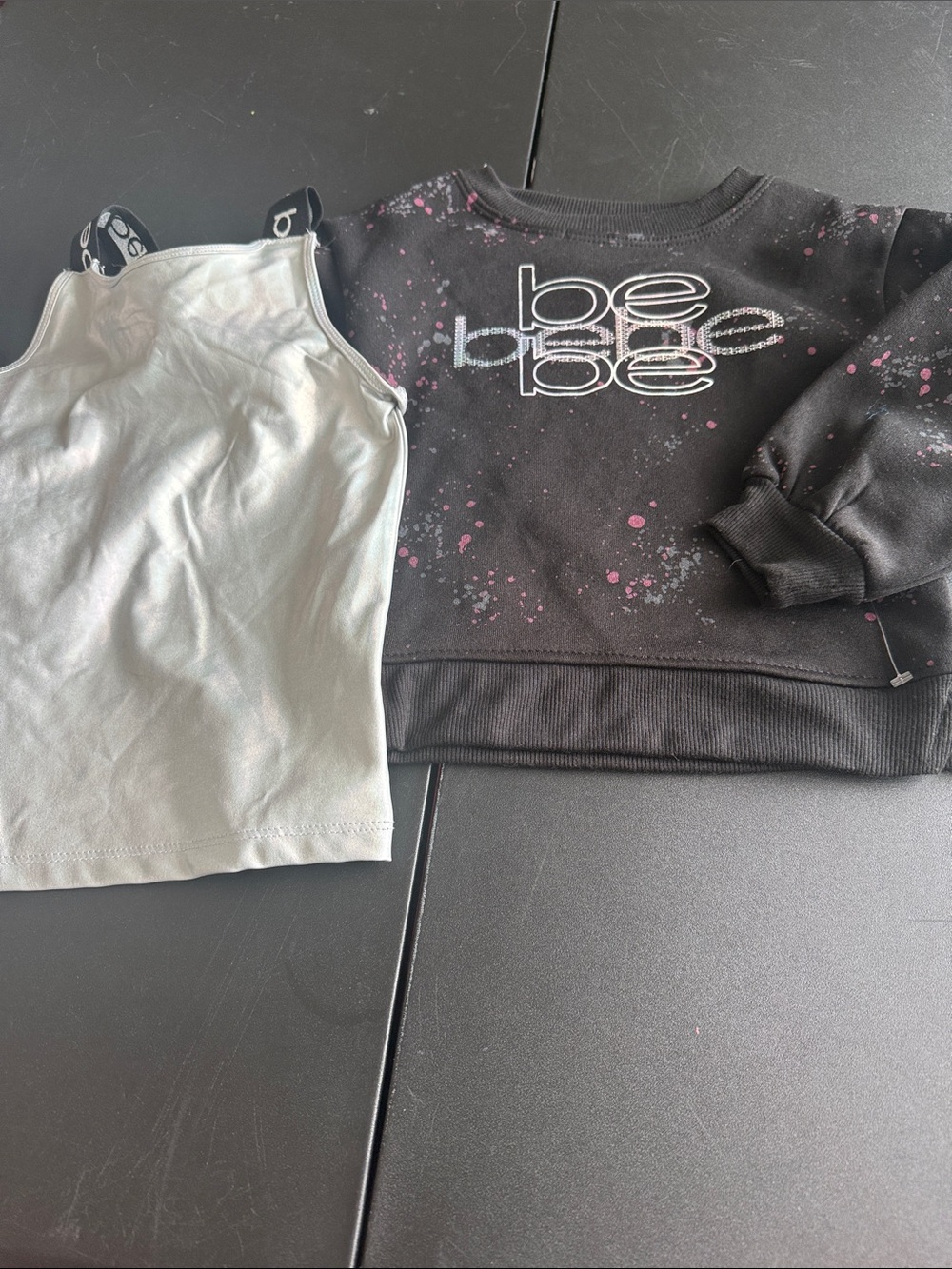 bebe Black Sweatshirt with Pink Splatter and White Logo